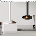 White And Black Modern Fireplace Interior With Burning Fire And Tools 3d model