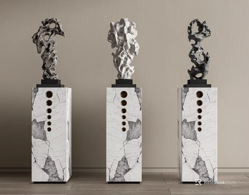 Stone Wood Sculptures On Marble Pedestals For Modern Art Decor 3d model 