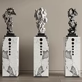 Stone Wood Sculptures On Marble Pedestals For Modern Art Decor