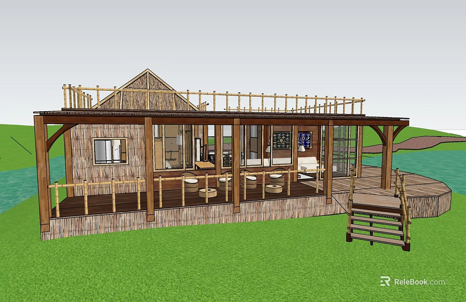 Rustic Wooden Bungalow Featuring Spacious Terrace Railing Outdoor Tables Chairs And Waterfront Green Lawn 3d model 