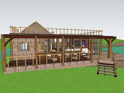 Rustic Wooden Bungalow Featuring Spacious Terrace Railing Outdoor Tables Chairs And Waterfront Green Lawn 3d model