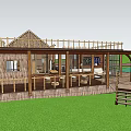 Rustic Wooden Bungalow Featuring Spacious Terrace Railing Outdoor Tables Chairs And Waterfront Green Lawn