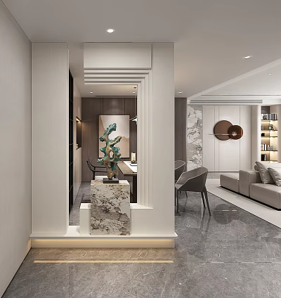 Modern Entryway Design With Marble Accent And Decorative Sculpture In Contemporary Home 3d model