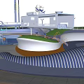 Modern Garden Ornament Featuring Circular Fountain Pool Blue Water Orange Balls And Green Lawn