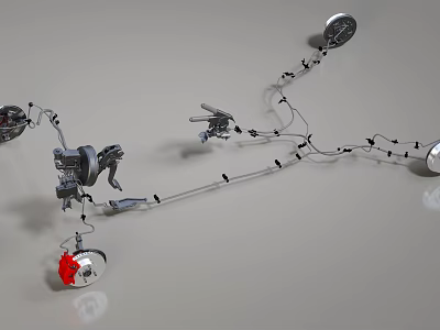 Mechanical Components Assembly With Silver Metal Parts And Red Element Structure 3d model