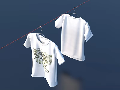 White T Shirts Hanging On Clothesline With Plant Print And Plain Design 3d model