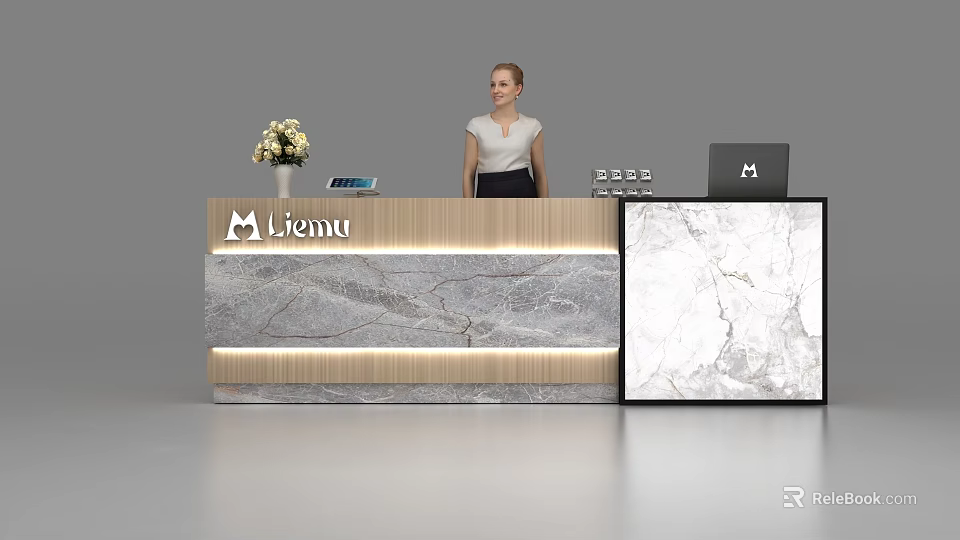 Modern Miemu Reception Desk With Marble Countertop Flower Bouquet And Phone 3d model 