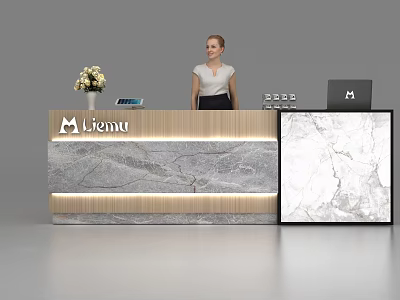 Modern Miemu Reception Desk With Marble Countertop Flower Bouquet And Phone 3d model
