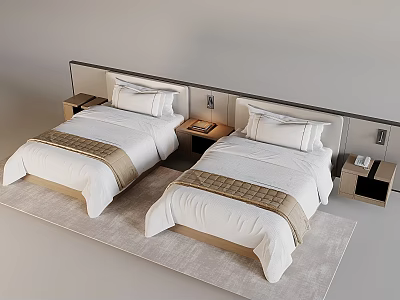 Two Single Beds with White Sheets Beige Decorative Bands Nightstands and Light Rug in Bedroom 3d model