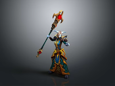 Horned Fantasy Game Character Wielding Ornate Staff With Red Gem And Elaborate Attire 3d model