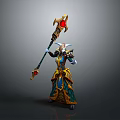 Horned Fantasy Game Character Wielding Ornate Staff With Red Gem And Elaborate Attire