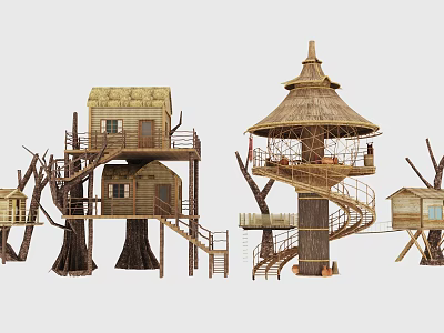 Rustic Multiple Tree House Structures With Wooden Stairs Spiral Staircase And Thatch Roofs 3d model