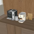 Modern Kitchen Appliances Including Espresso Machine With Coffee Cup And Bean Bags On Wooden Countertop