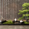 Zen Inspired Indoor Landscape With Hanging Decor Bonsai Pine Stone Basin And Flowing Water