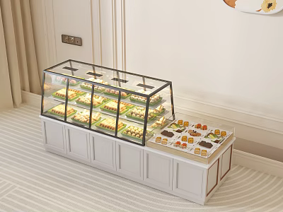 White Entryway Side Cabinet With Glass Display Cabinet Holding Pastries On Countertop And Light Curtains 3d model