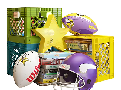 Sports Equipment Collection with Vikings Footballs Helmet Star Shaped Item and Plastic Crates 3d model