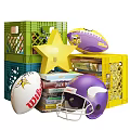 Sports Equipment Collection with Vikings Footballs Helmet Star Shaped Item and Plastic Crates