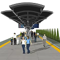 Modern Train Station Platform With Shelter Digital Screens Passengers And Green Landscaping
