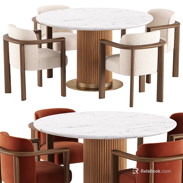 Round Marble Top Dining Table Set With Beige And Orange Upholstered Wooden Frame Chairs 3d model 