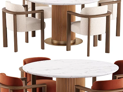 Round Marble Top Dining Table Set With Beige And Orange Upholstered Wooden Frame Chairs 3d model