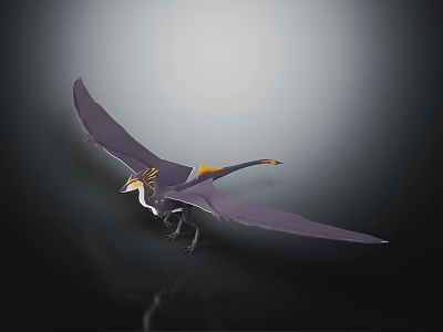 3D Pterosaur Character Model With Large Wings And Yellow Orange Head Crest On Black Background 3d model