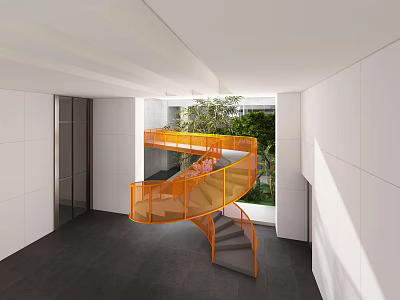 Modern Spiral Staircase With Orange Railing And Greenery View In Bright Interior 3d model
