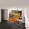 Modern Spiral Staircase With Orange Railing And Greenery View In Bright Interior