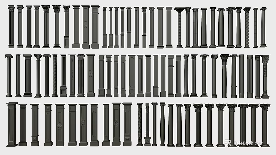 Classical Roman Columns in Various Architectural Styles and Decorative Designs 3d model 