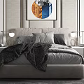 Modern Double Bed With Circular Wall Art Bedside Tables And Table Lamps