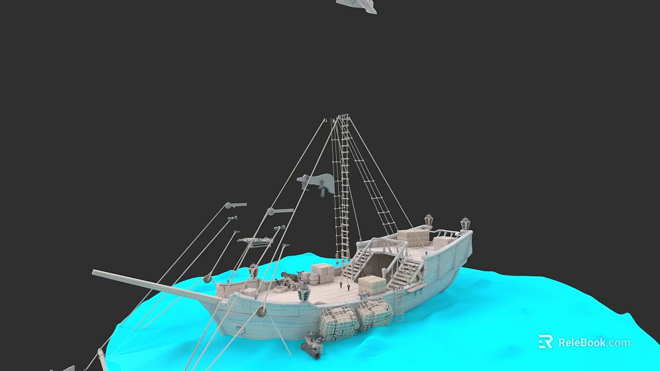 3D Warship Model With Masts Ladders And Deck Equipment On Blue Water Surface 3d model 