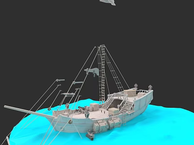 3D Warship Model With Masts Ladders And Deck Equipment On Blue Water Surface 3d model