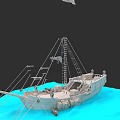 3D Warship Model With Masts Ladders And Deck Equipment On Blue Water Surface
