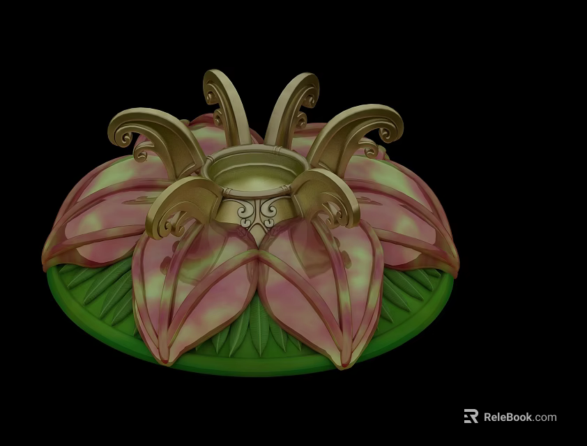 Lotus Design Decorative Ornament With Pink Petals Green Base And Golden Accents 3d model 