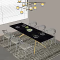Modern Dining Table Set With Black Tabletop And Black Frame White Cushion Chairs 3d model