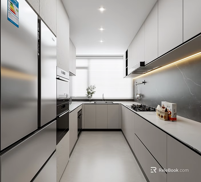 Modern Kitchen Interior With White Cabinets Stainless Steel Refrigerator Marble Countertops Window Sink And Cooktop 3d model 