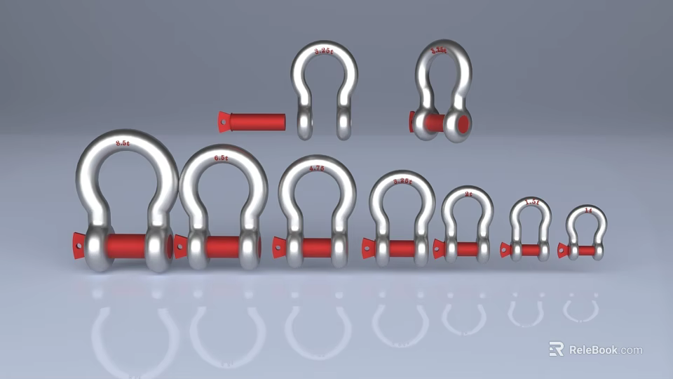Durable Stainless Steel Hardware Tools Shackles with Silver Metal and Red Components in Various Sizes 3d model 