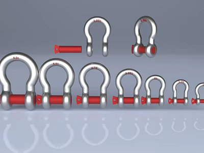 Durable Stainless Steel Hardware Tools Shackles with Silver Metal and Red Components in Various Sizes 3d model