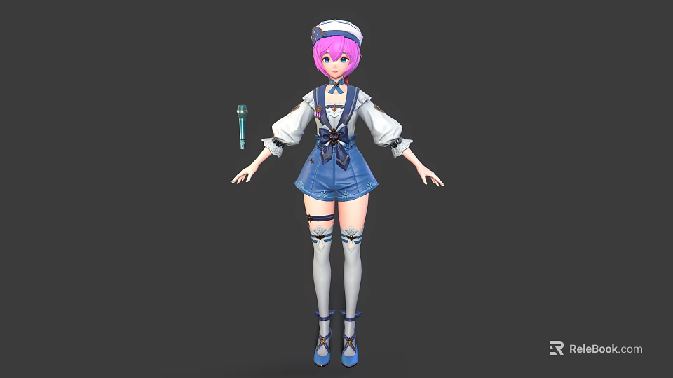 Anime Character With Pink Hair Wearing White Hat White Top Blue Overalls Shorts And Microphone 3d model 