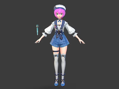 Anime Character With Pink Hair Wearing White Hat White Top Blue Overalls Shorts And Microphone 3d model