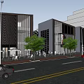 Modern Urban Street With Contemporary Buildings Trees Cars Pedestrian Area And Outdoor Seating