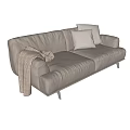 Beige Two Seater Fabric Sofa Modern Design With White Cushion Throw Blanket And Black Legs