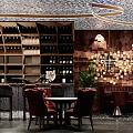 Stylish Bar Interior With Round Tables Leather Chairs Unique Ceiling And Wine Racks