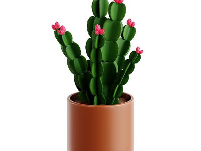 Green Cactus Plant with Pink Flowers Growing in Brown Ceramic Pot 3d model