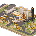 Cartoon Industrial Plant Scene with Silos Crane Trucks Buildings and Trees