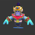 3D Blue Cartoon Character With Yellow Red Decorations Blue Gemmed Hat And Serious Expression