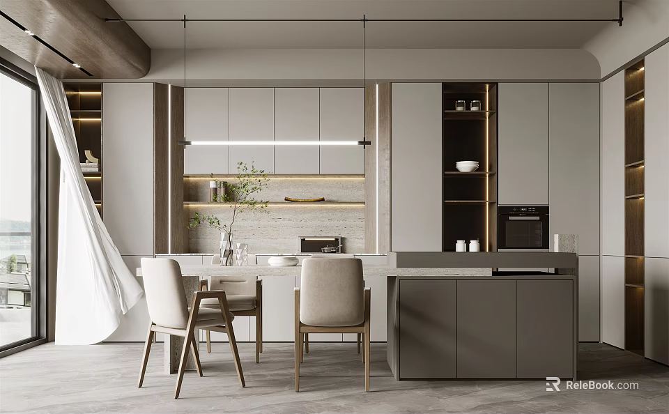 Modern Restaurant Interior Design With Open Layout Grey Cabinets And Wooden Chairs 3d model 