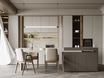 Modern Restaurant Interior Design With Open Layout Grey Cabinets And Wooden Chairs 3d model