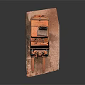Vintage Orange Industrial Forklift Parked On Red Platform With Gray Background