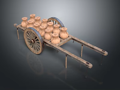 Vintage Wooden Cart Loaded With Multiple Clay Pots On Dark Background 3d model