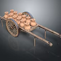 Vintage Wooden Cart Loaded With Multiple Clay Pots On Dark Background